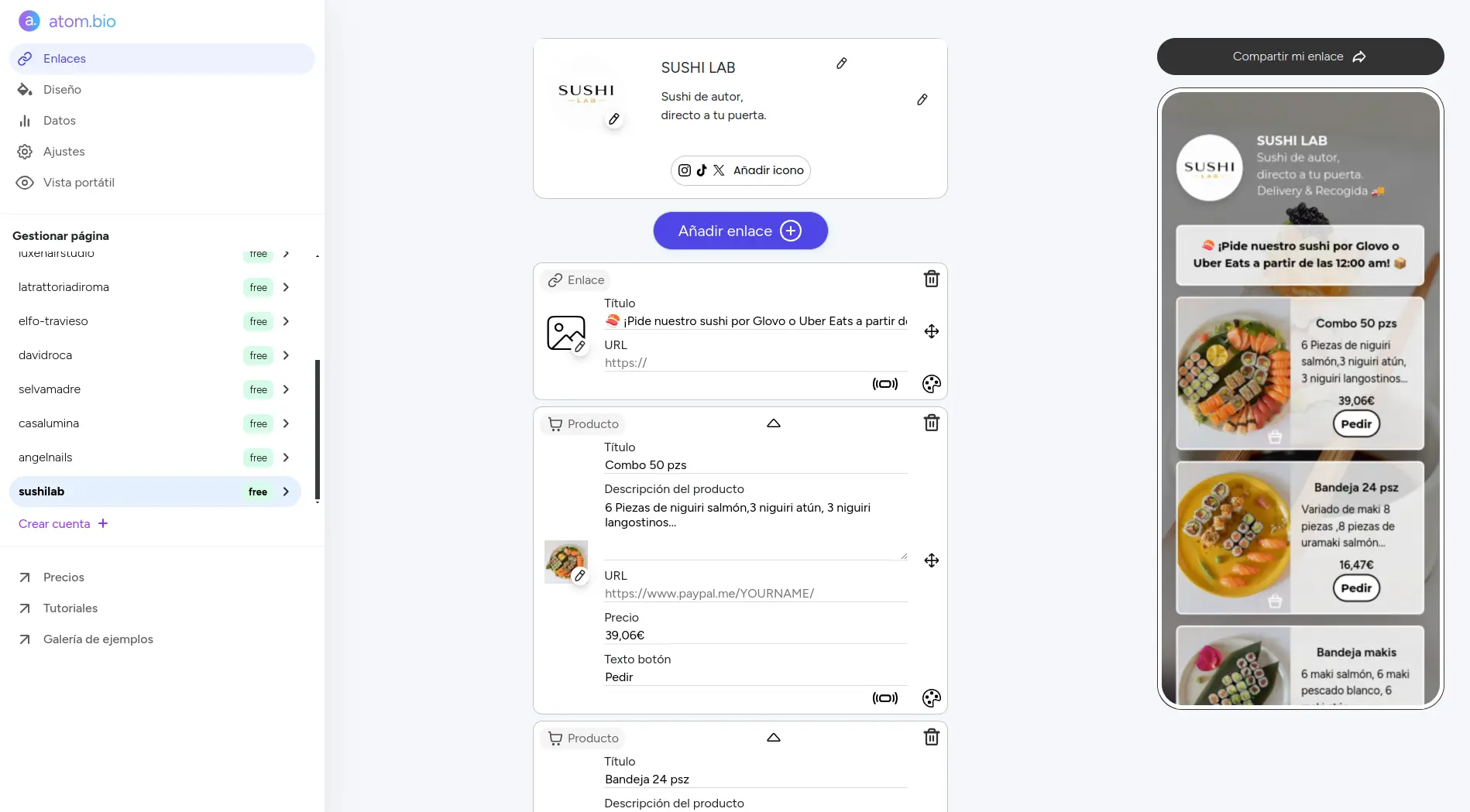 panel de edición de atom.bio para crear una mini web y página de enlaces