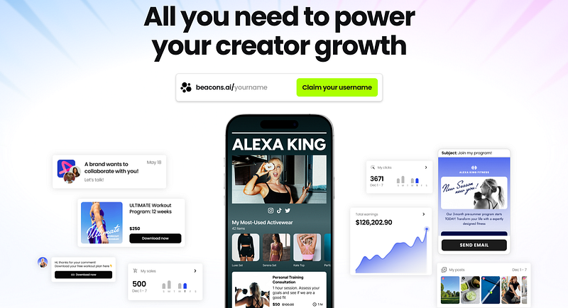 Beacons.ai homepage: “All you need to power your creator growth”, a claim-your-username field and a creator page with products, sales and email stats