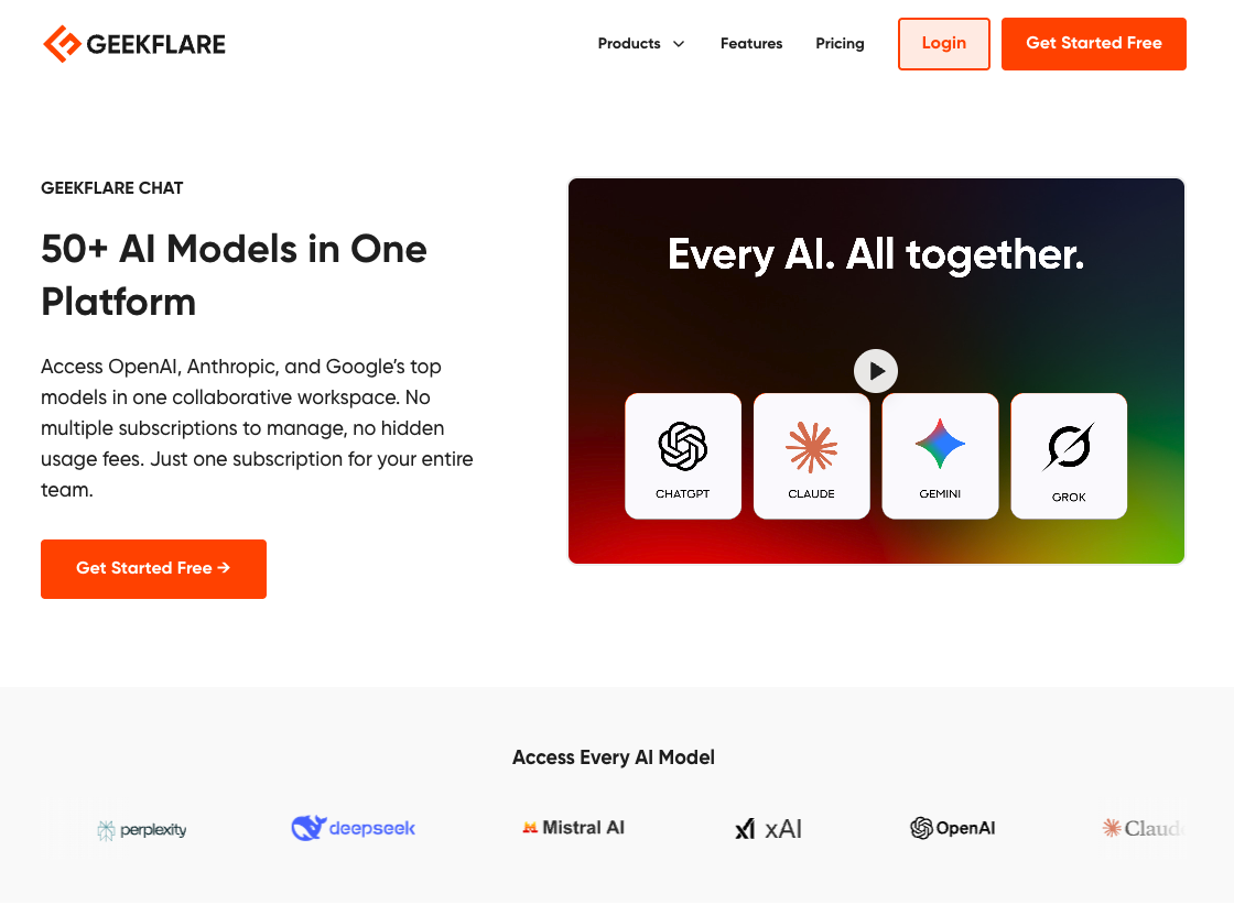 Geekflare Chat workspace with multiple AI models