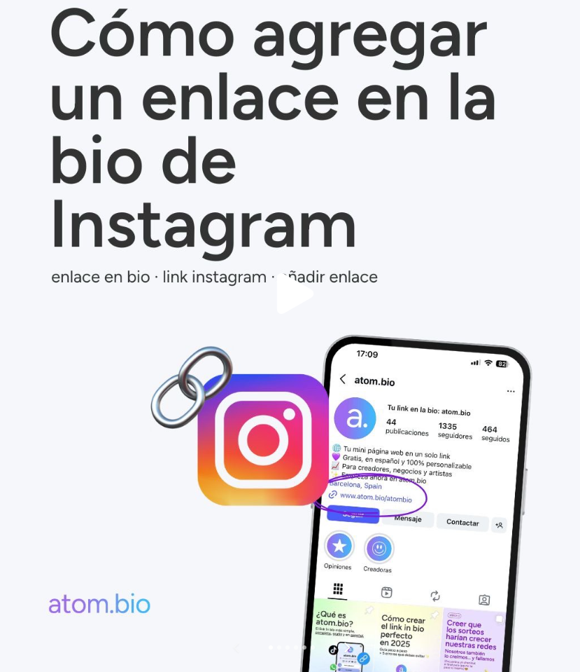 Captura de Instagram con enlace en la bio de atom.bio para agregar un link en bio