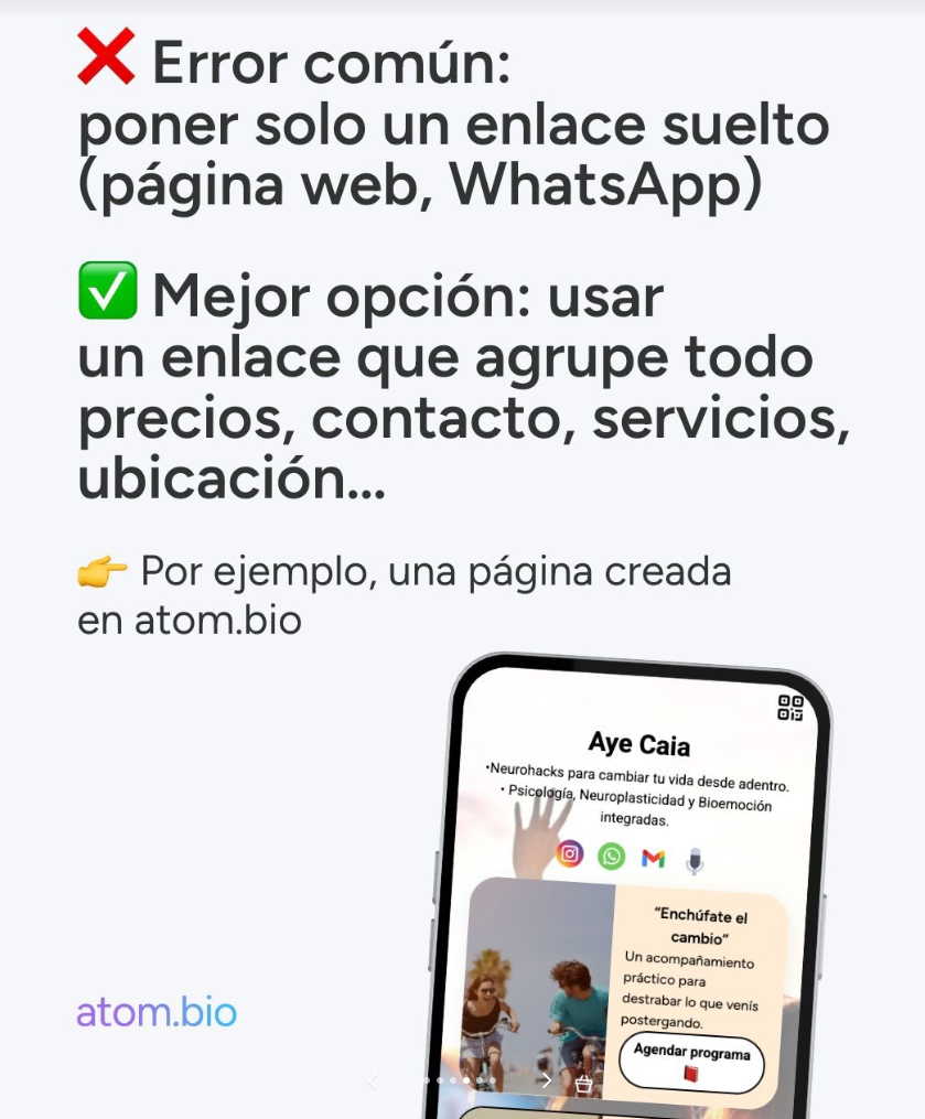 Captura de error común al poner solo un enlace suelto en Instagram en vez de un link in bio con precios contacto servicios y ubicación