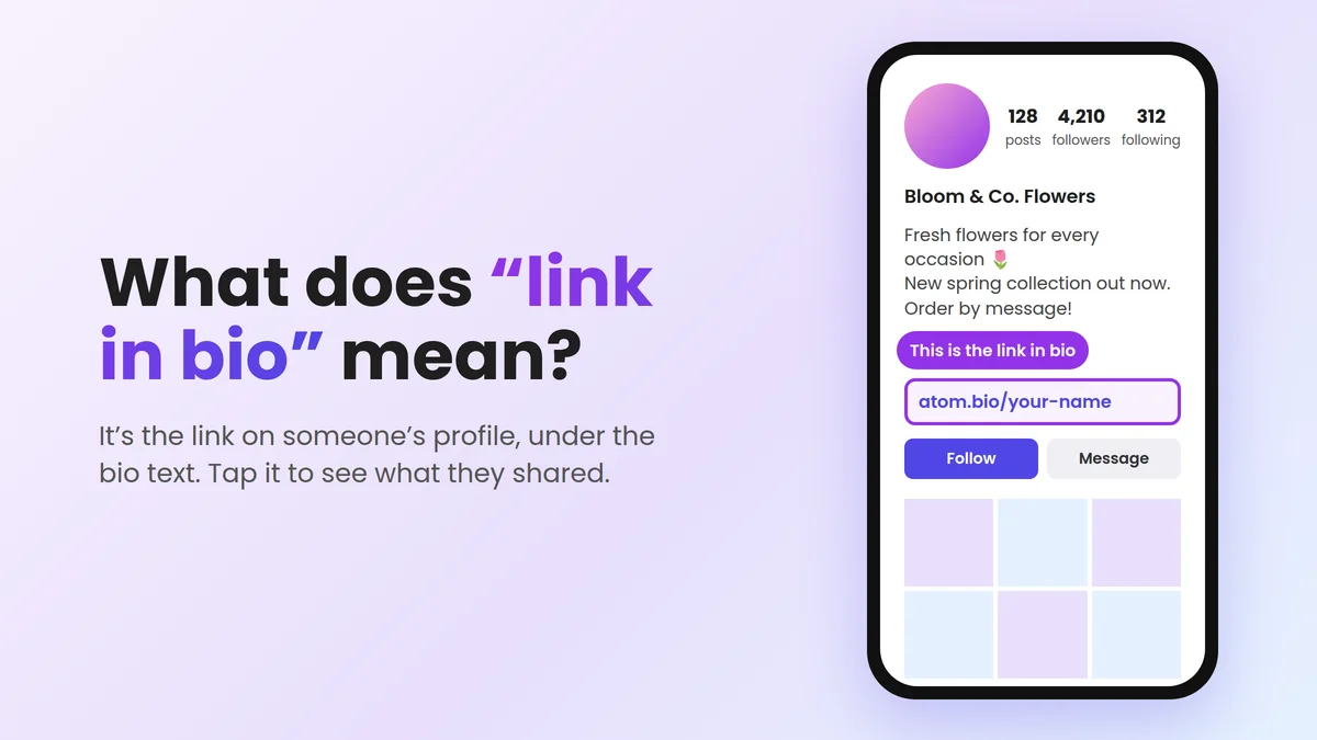 Link in bio meaning: a phone with a social media profile and the link under the bio text