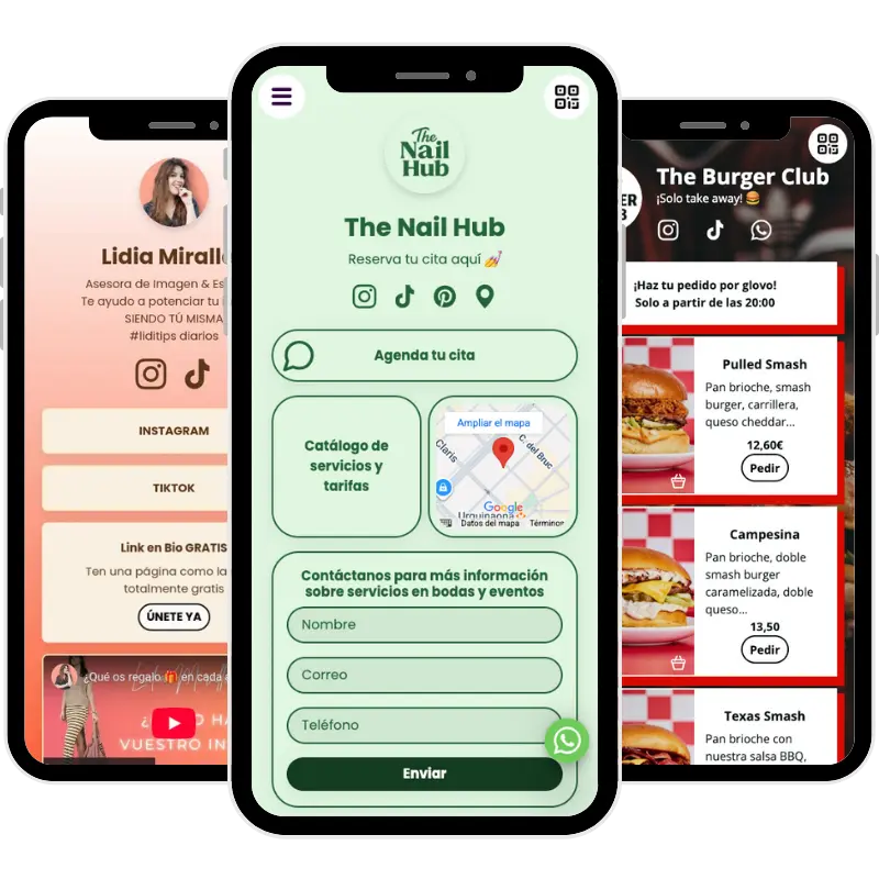 Ejemplos de páginas link in bio hechas con atom.bio