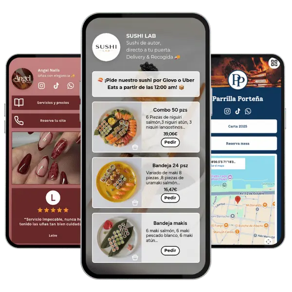 Ejemplo de una página web sencilla de una sola página para un pequeño negocio con productos, WhatsApp y secciones de contacto