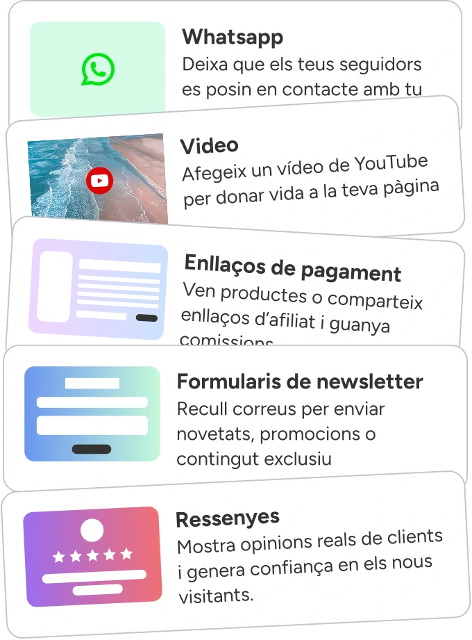 Pàgina de link in bio amb enllaços socials, pagaments i opcions de contacte