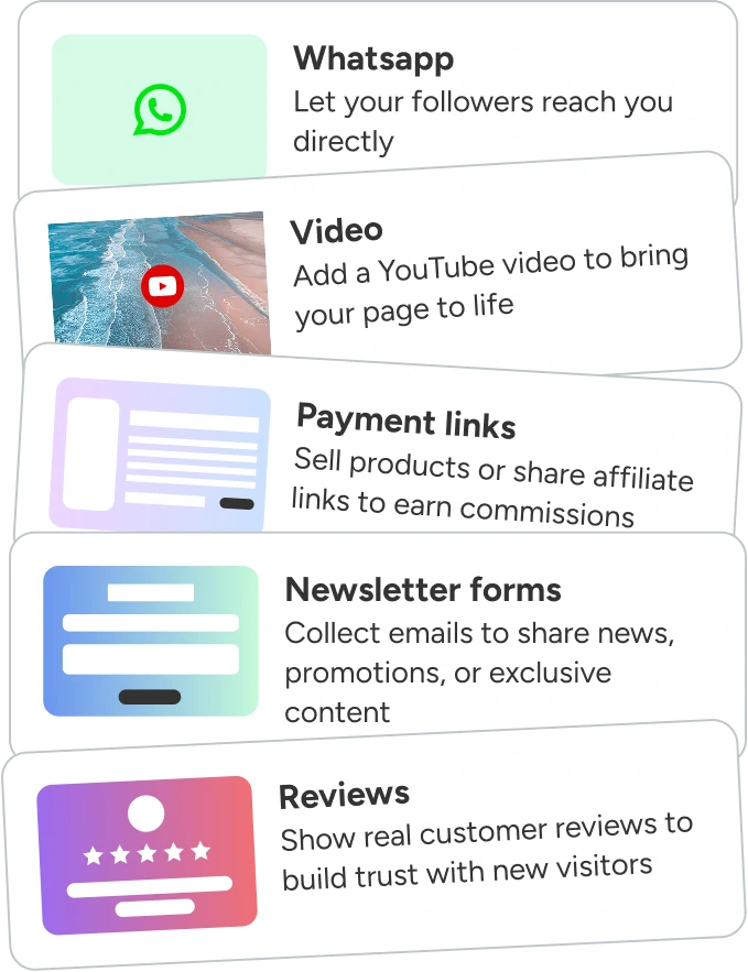 Link in bio page with social links, payments, and contact options