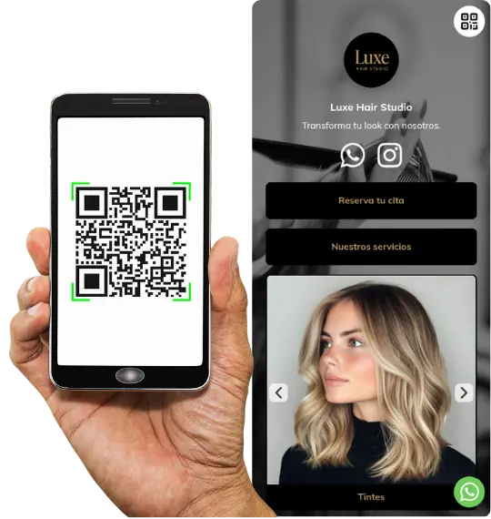 QR code landing page for business with menu, WhatsApp, and contact actions