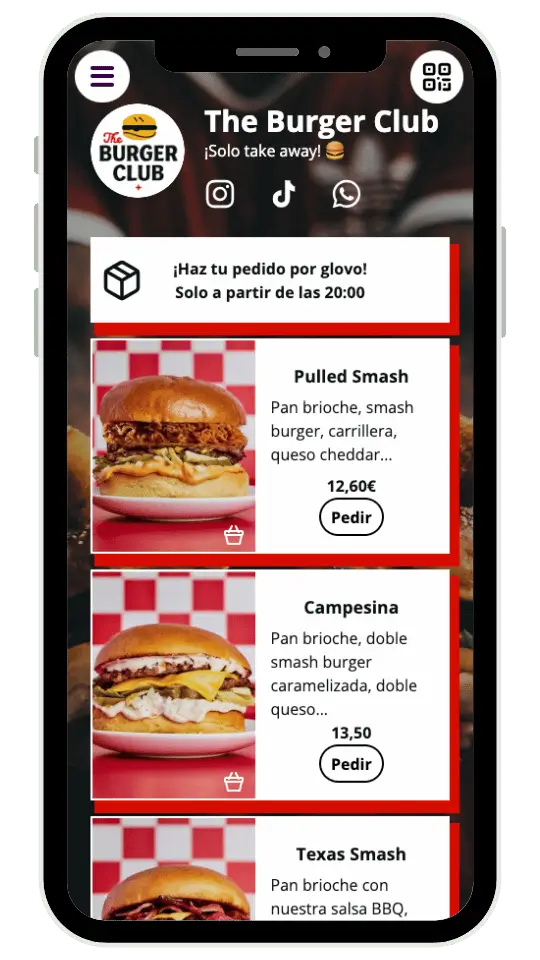 Página de restaurante — tarjetas de productos y CTA delivery