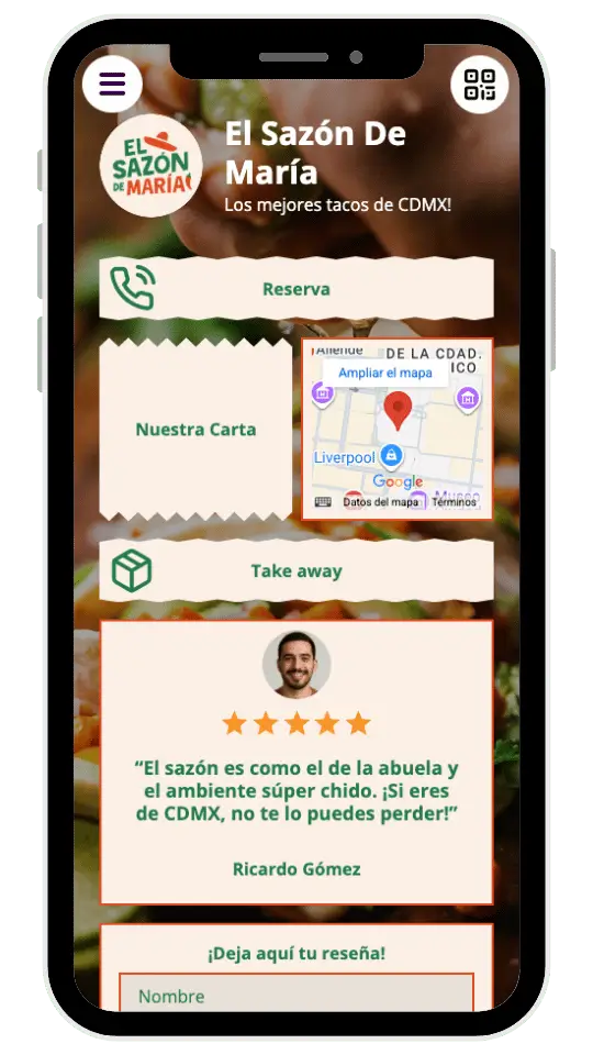 Página de restaurante — menú, reservas y mapa