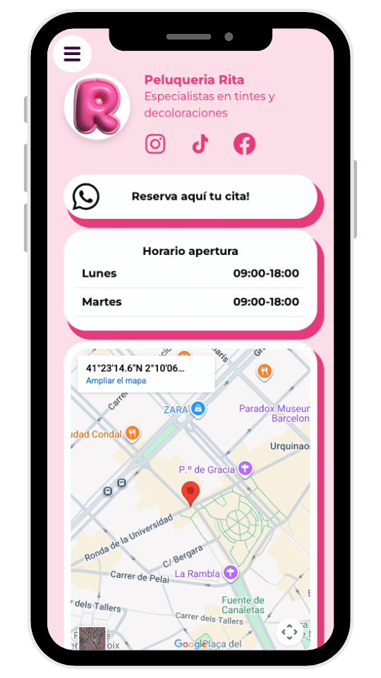 Página de salón — reservas, horarios y ubicación