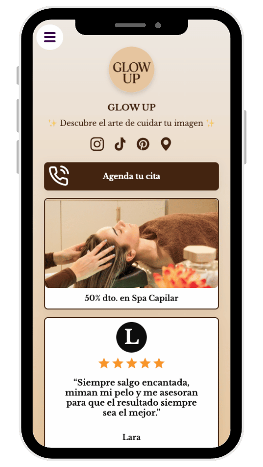 Página de salón — reservas, promos y reseñas