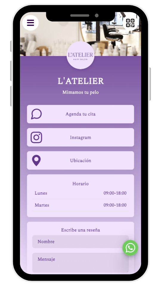 Página de salón — reservas, portafolio y reseñas