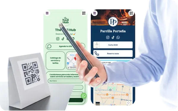 Tarjeta digital con código QR, botones de contacto y enlaces del negocio